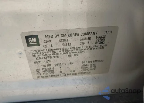 2015 Chevrolet Trax 1Ls z USA, uszkodzony, nr VIN KL7CJPSB1FB078590